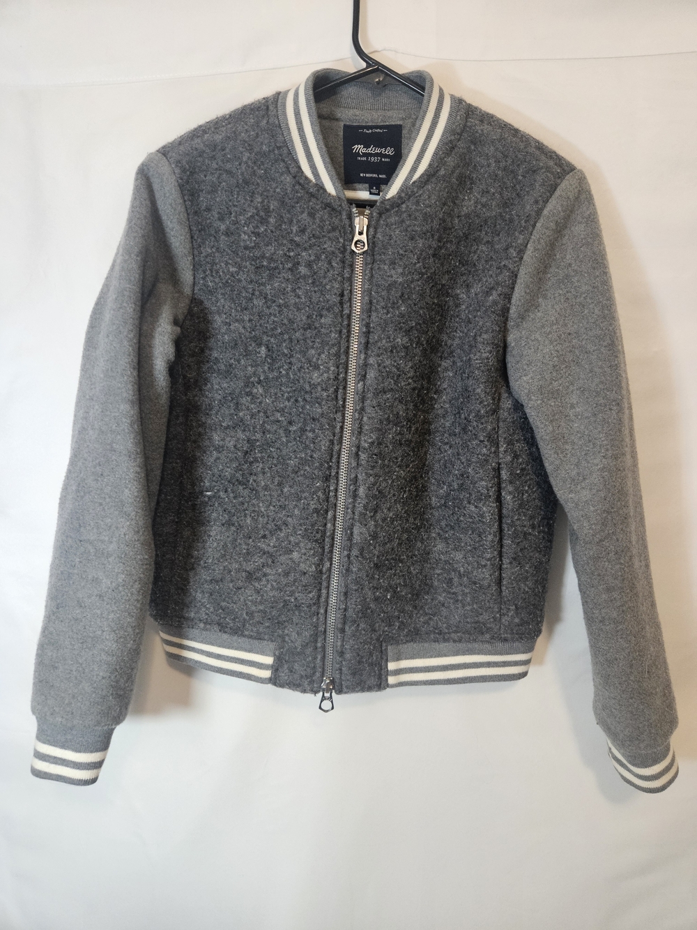 Madewell Dugout Varsity Two-Tone Grey Bomber Jacket Wool Blend